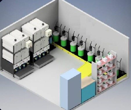 Estudo de layout 3D de sala de lubrificação, vista A