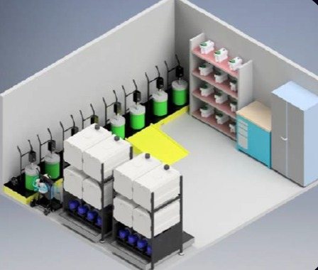 Estudo de layout 3D de sala de lubrificação, vista B